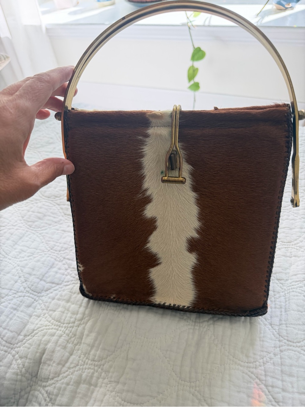 Brown and White Haircalf Top-Handle Satchel